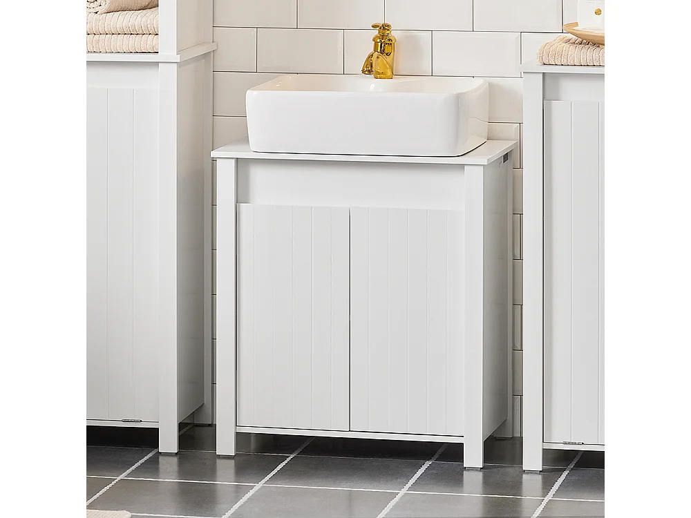 SoBuy BZR101-W Meuble sous Lavabo de Salle de Bain, Meuble sous Évier, Meuble de Rangement, Meuble Évier de Cuisine avec 2 Portes, Blanc
