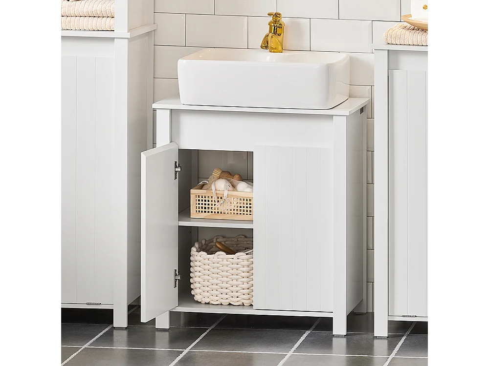 SoBuy BZR101-W Meuble sous Lavabo de Salle de Bain, Meuble sous Évier, Meuble de Rangement, Meuble Évier de Cuisine avec 2 Portes, Blanc