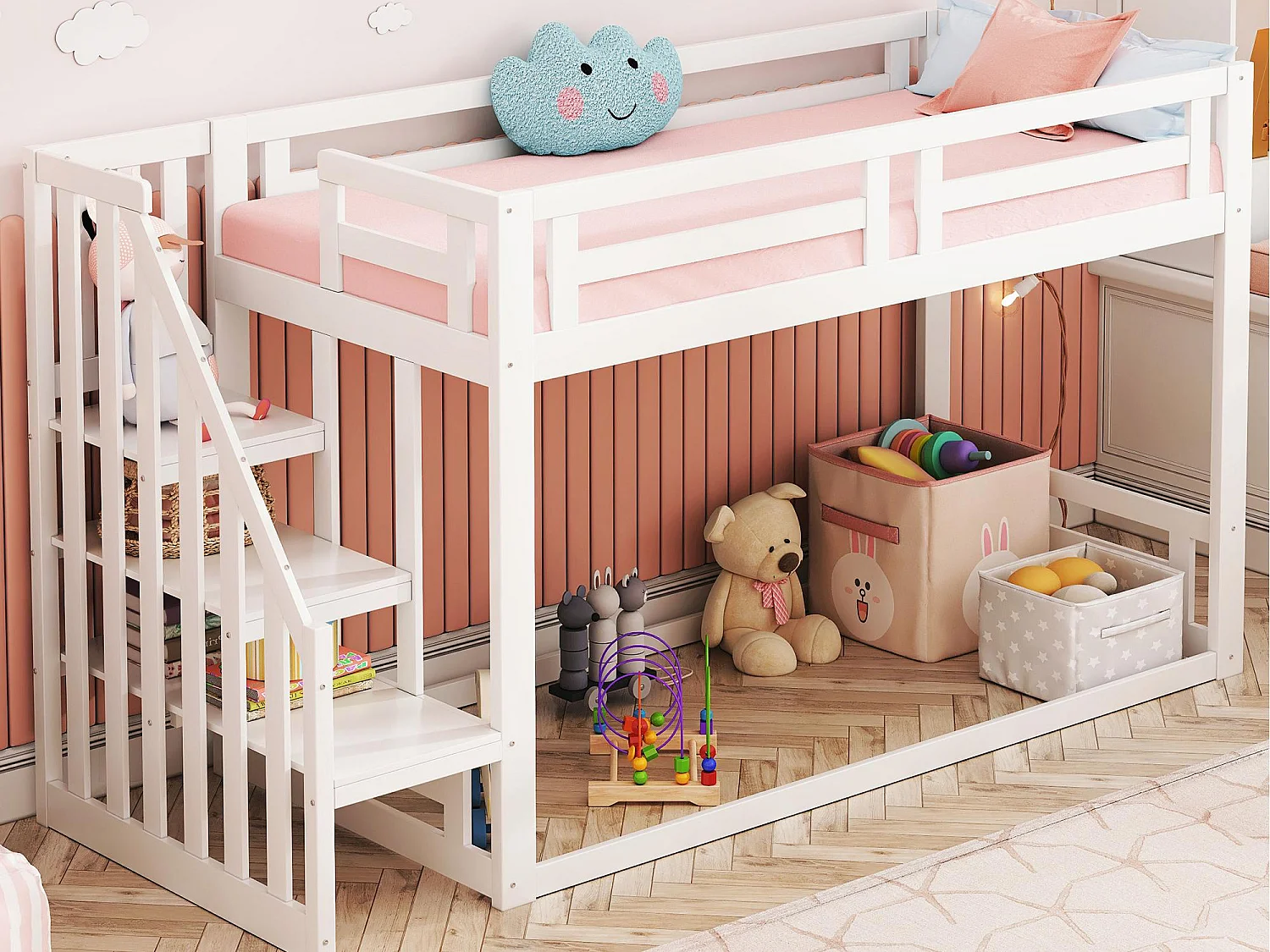 Kinder hoogbed 90×200 cm - met trap en lattenbodem - wit