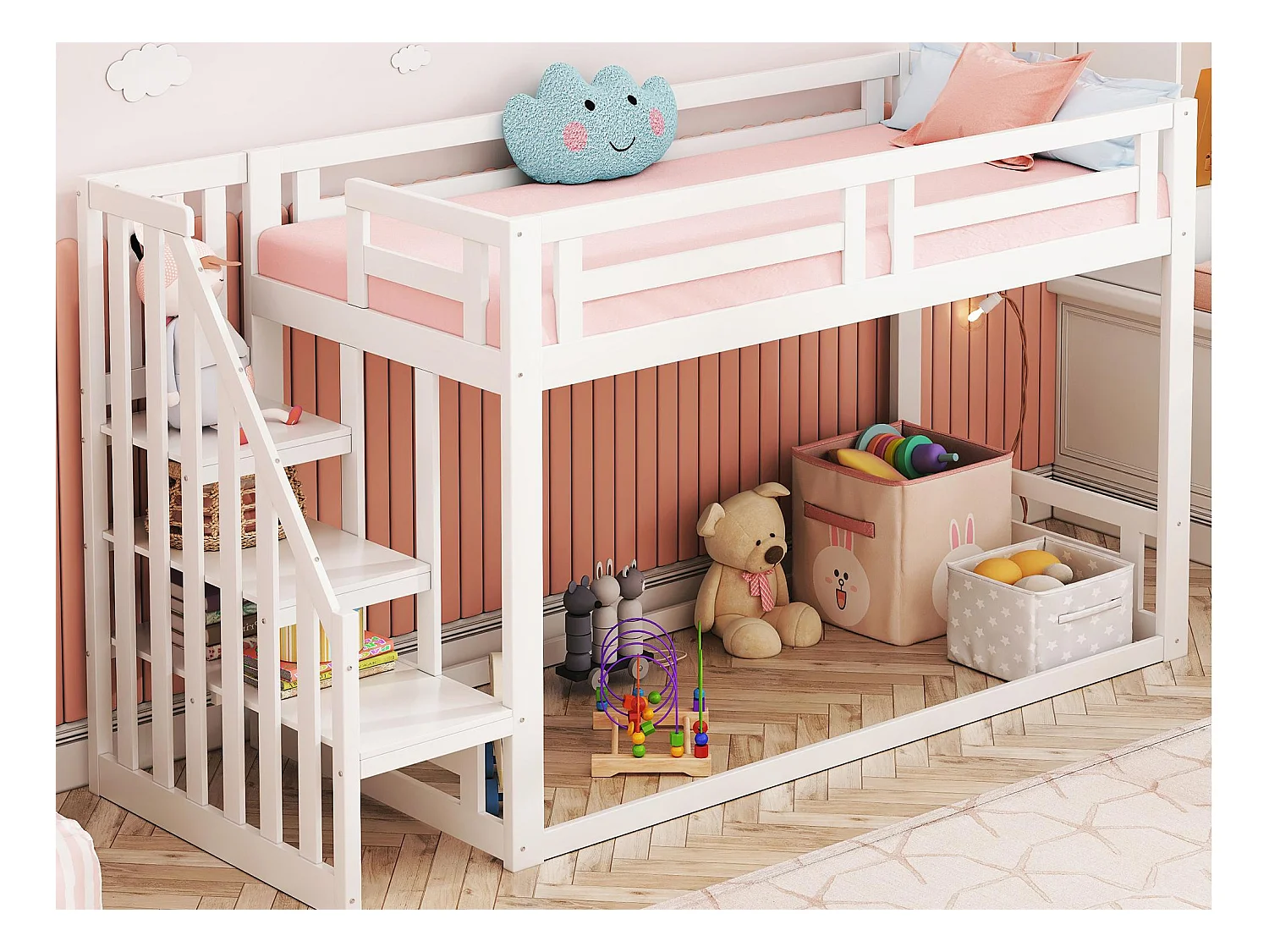 Lit mezzanine pour enfant 90x200cm - avec escalier et sommiers à lattes - blanc