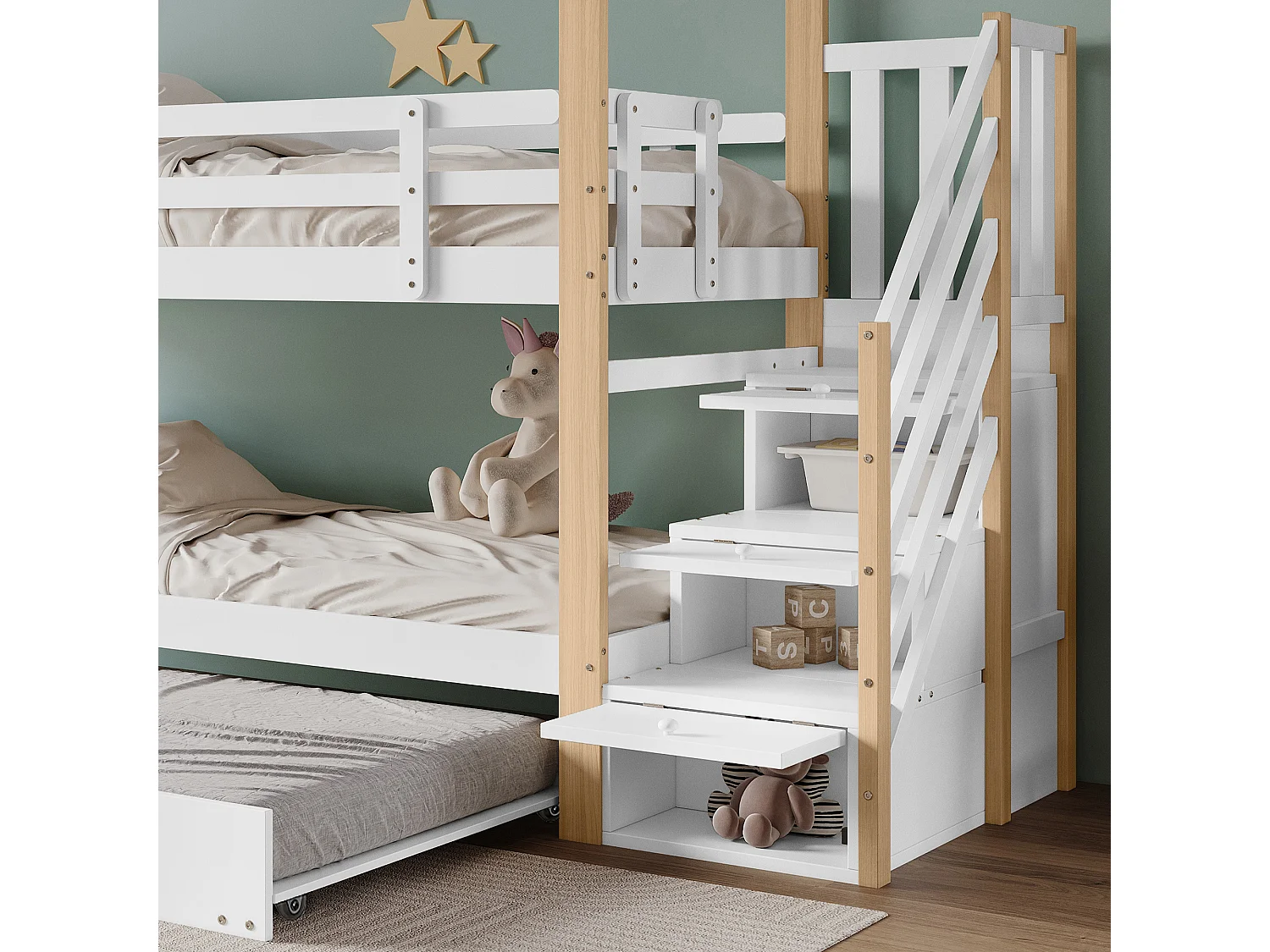 Letto a castello 90x200cm + letto estraibile 90x190cm - letto a soppalco per bambini con scale contenitore - legno massello - Bianco