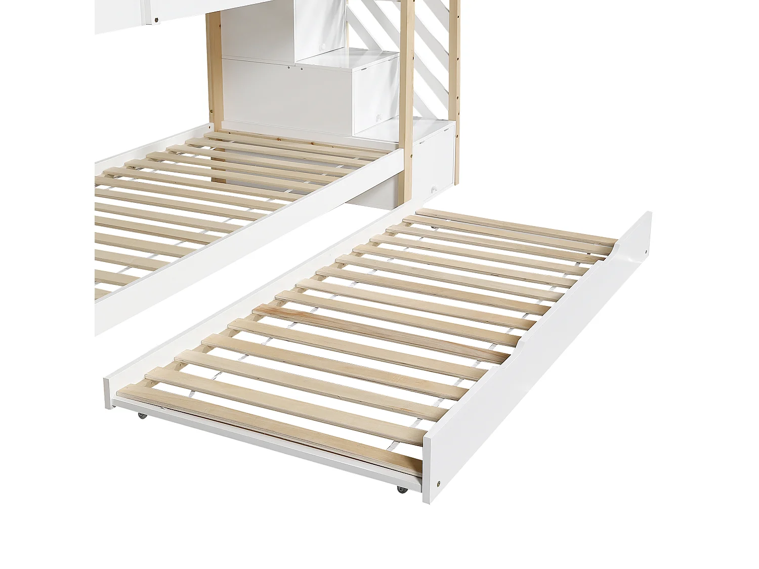 Letto a castello 90x200cm + letto estraibile 90x190cm - letto a soppalco per bambini con scale contenitore - legno massello - Bianco