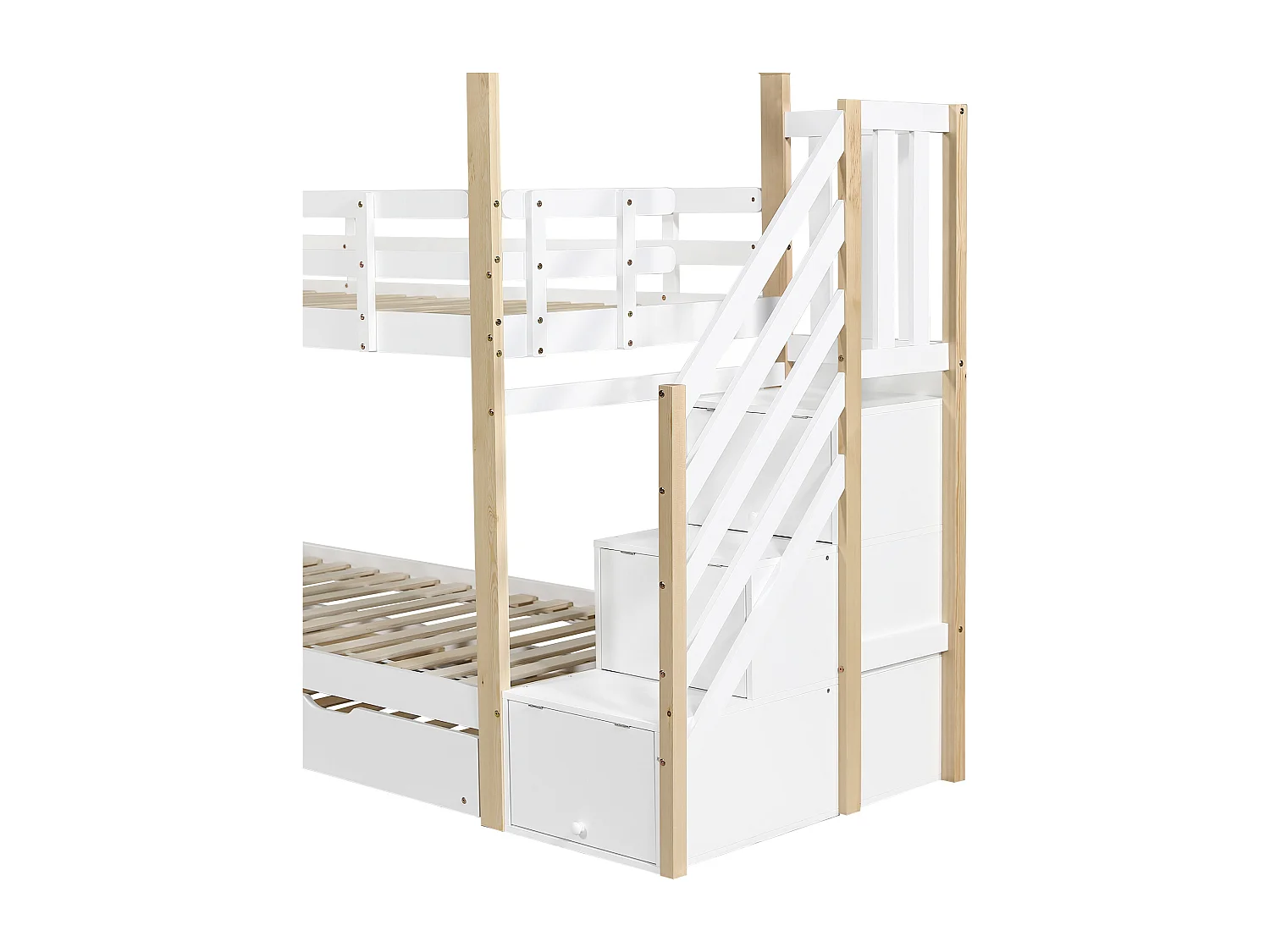 Letto a castello 90x200cm + letto estraibile 90x190cm - letto a soppalco per bambini con scale contenitore - legno massello - Bianco