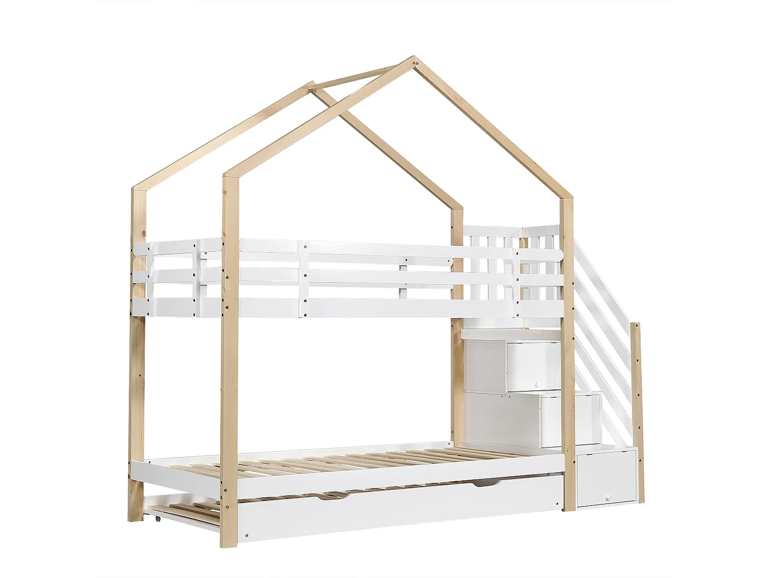 Letto a castello 90x200cm + letto estraibile 90x190cm - letto a soppalco per bambini con scale contenitore - legno massello - Bianco