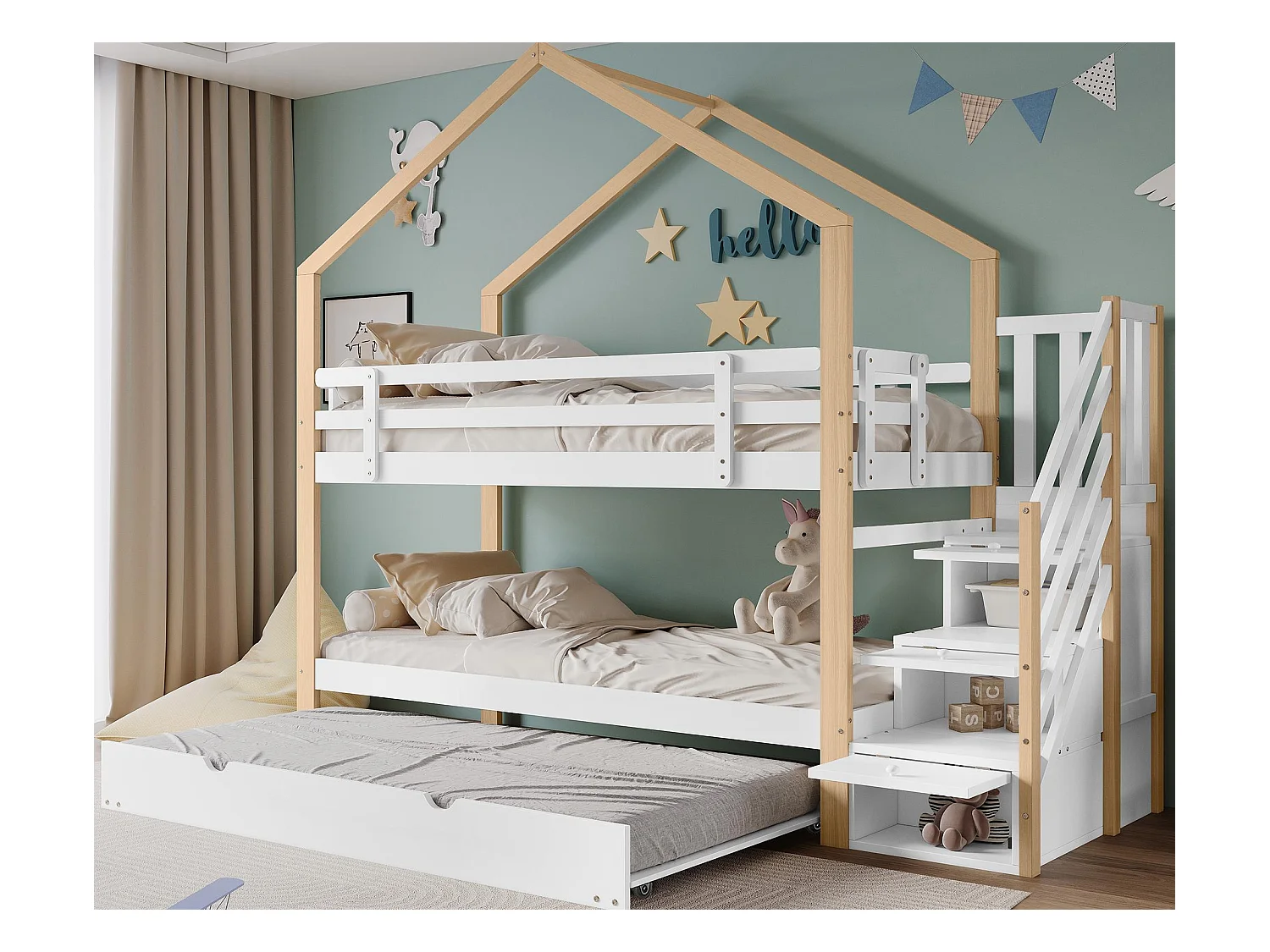 Lit superposé 90x200cm + lit gigogne 90x190cm - lit cabane enfant avec escalier de rangement - en bois massif - Blanc