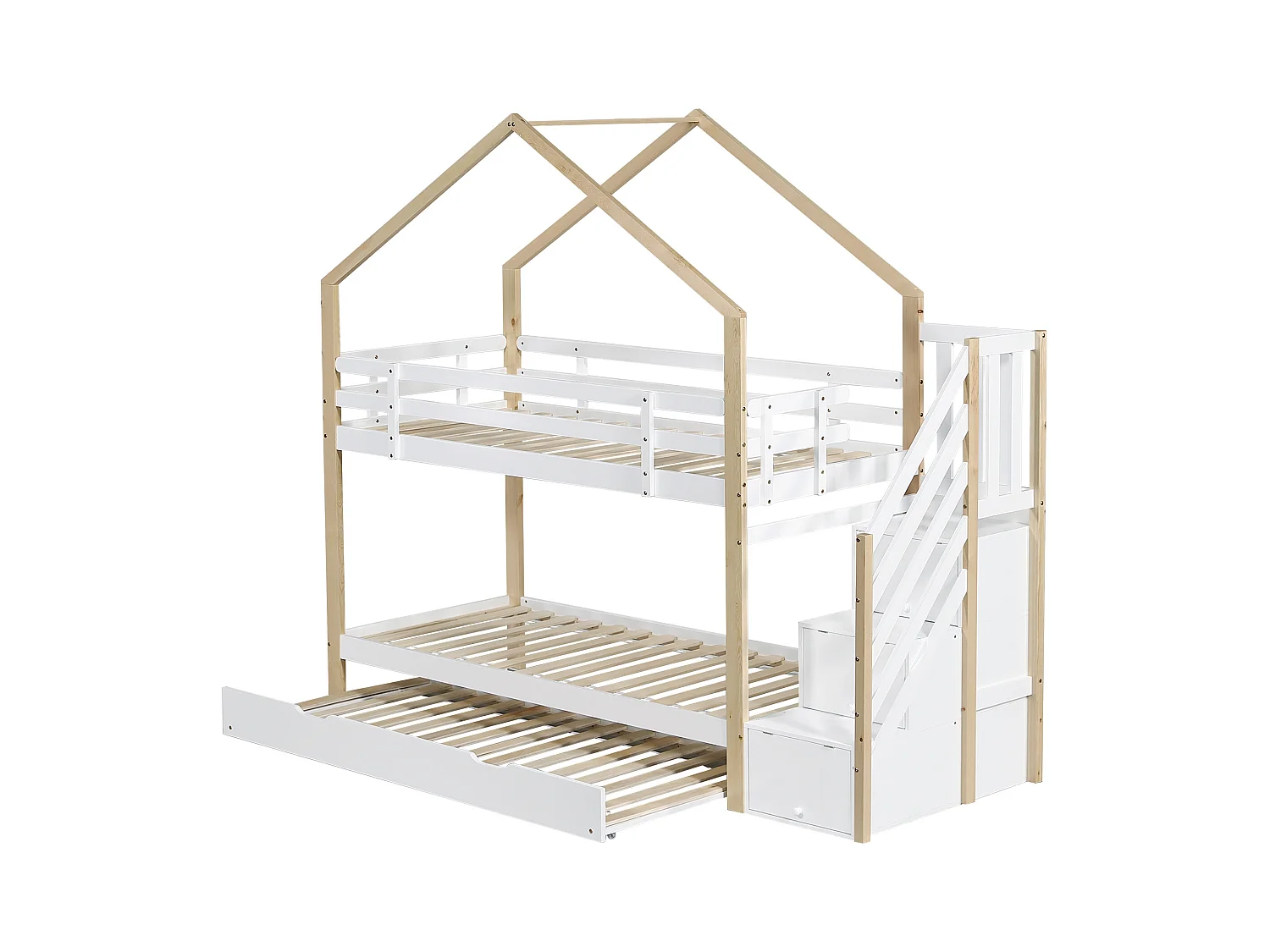 Stapelbed 90x200cm + uitschuifbed 90x190cm - kinderhutbed met opbergtrap - massief hout - Wit