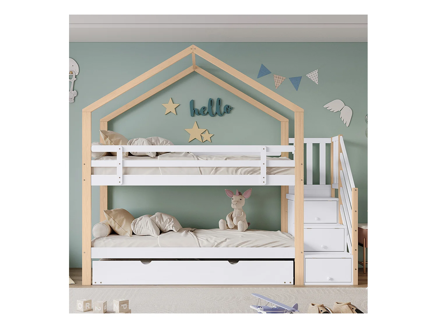 Stapelbed 90x200cm + uitschuifbed 90x190cm - kinderhutbed met opbergtrap - massief hout - Wit