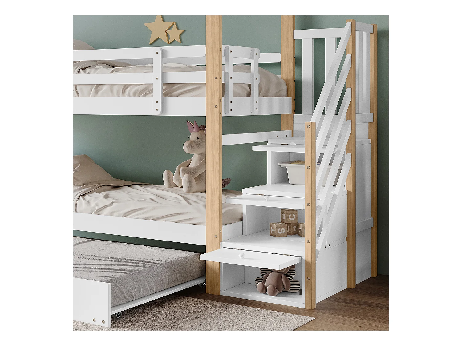 Stapelbed 90x200cm + uitschuifbed 90x190cm - kinderhutbed met opbergtrap - massief hout - Wit