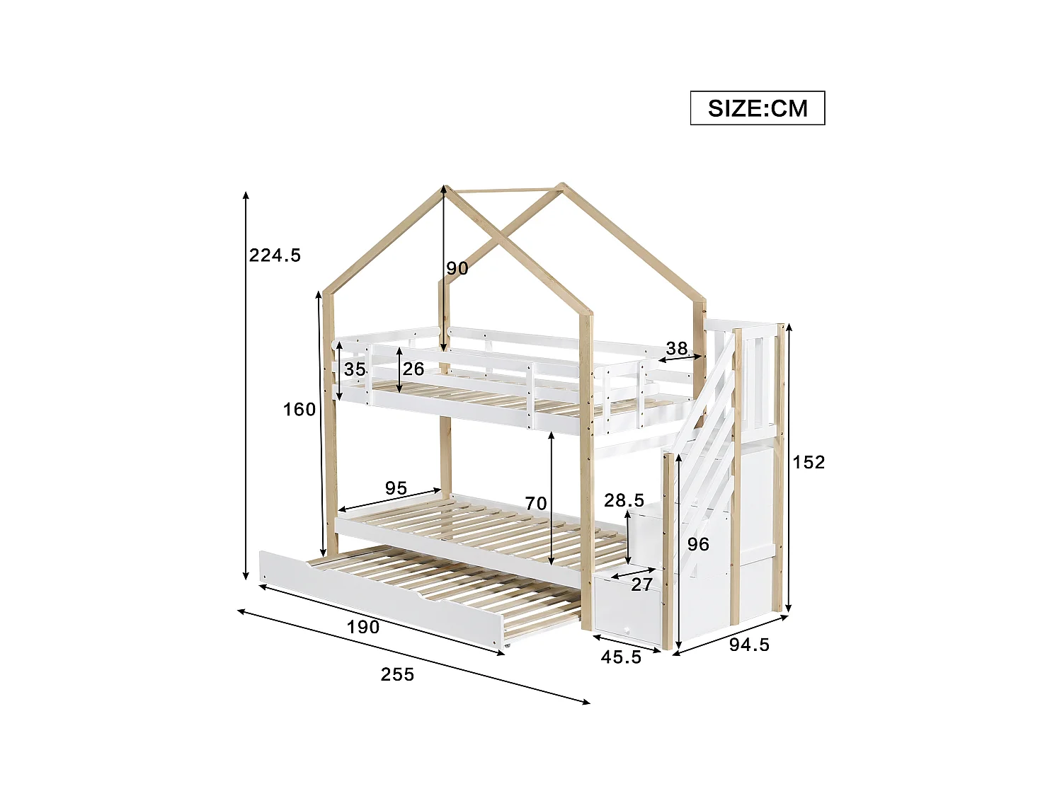 Stapelbed 90x200cm + uitschuifbed 90x190cm - kinderhutbed met opbergtrap - massief hout - Wit