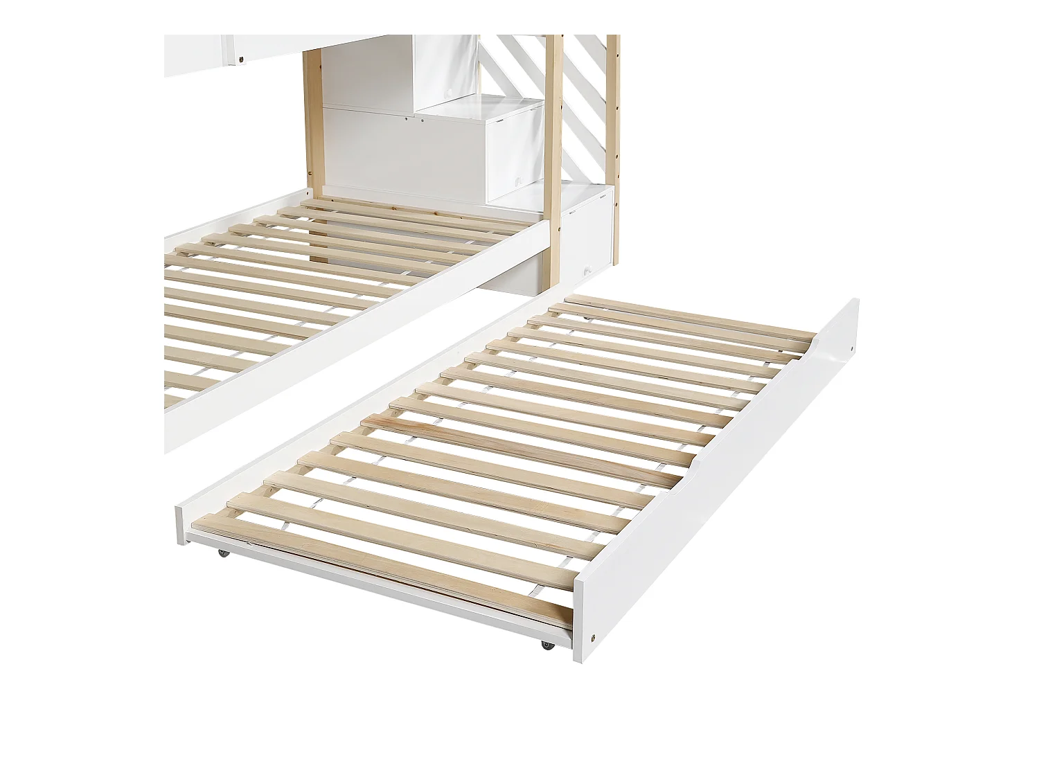 Stapelbed 90x200cm + uitschuifbed 90x190cm - kinderhutbed met opbergtrap - massief hout - Wit