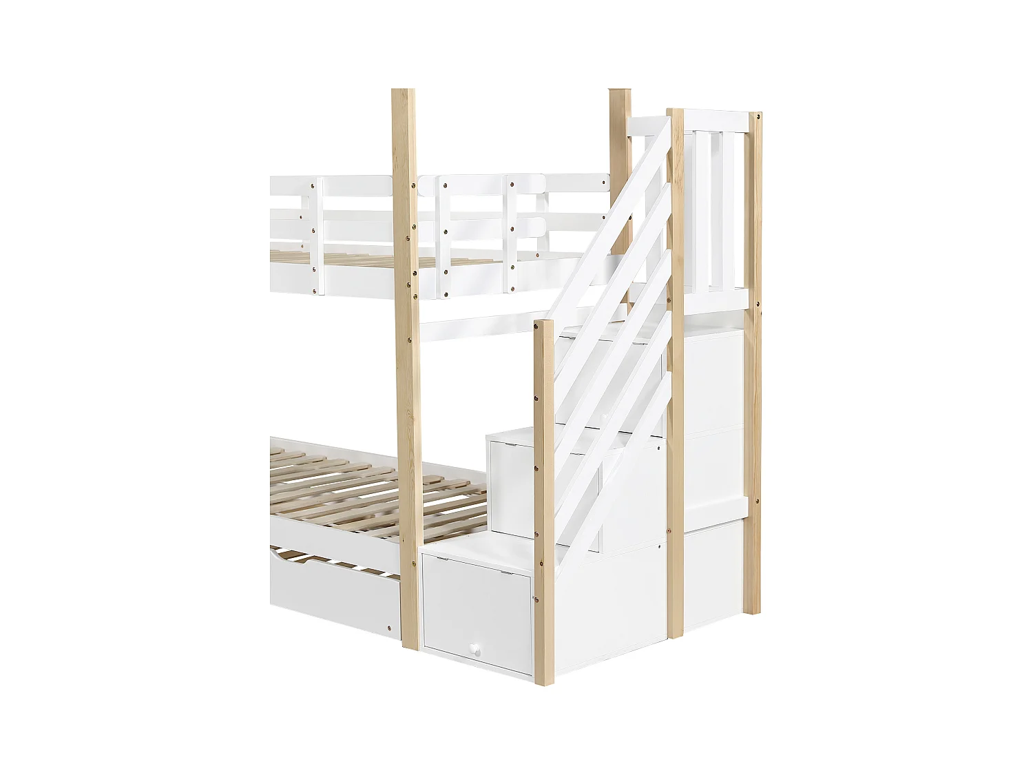 Stapelbed 90x200cm + uitschuifbed 90x190cm - kinderhutbed met opbergtrap - massief hout - Wit