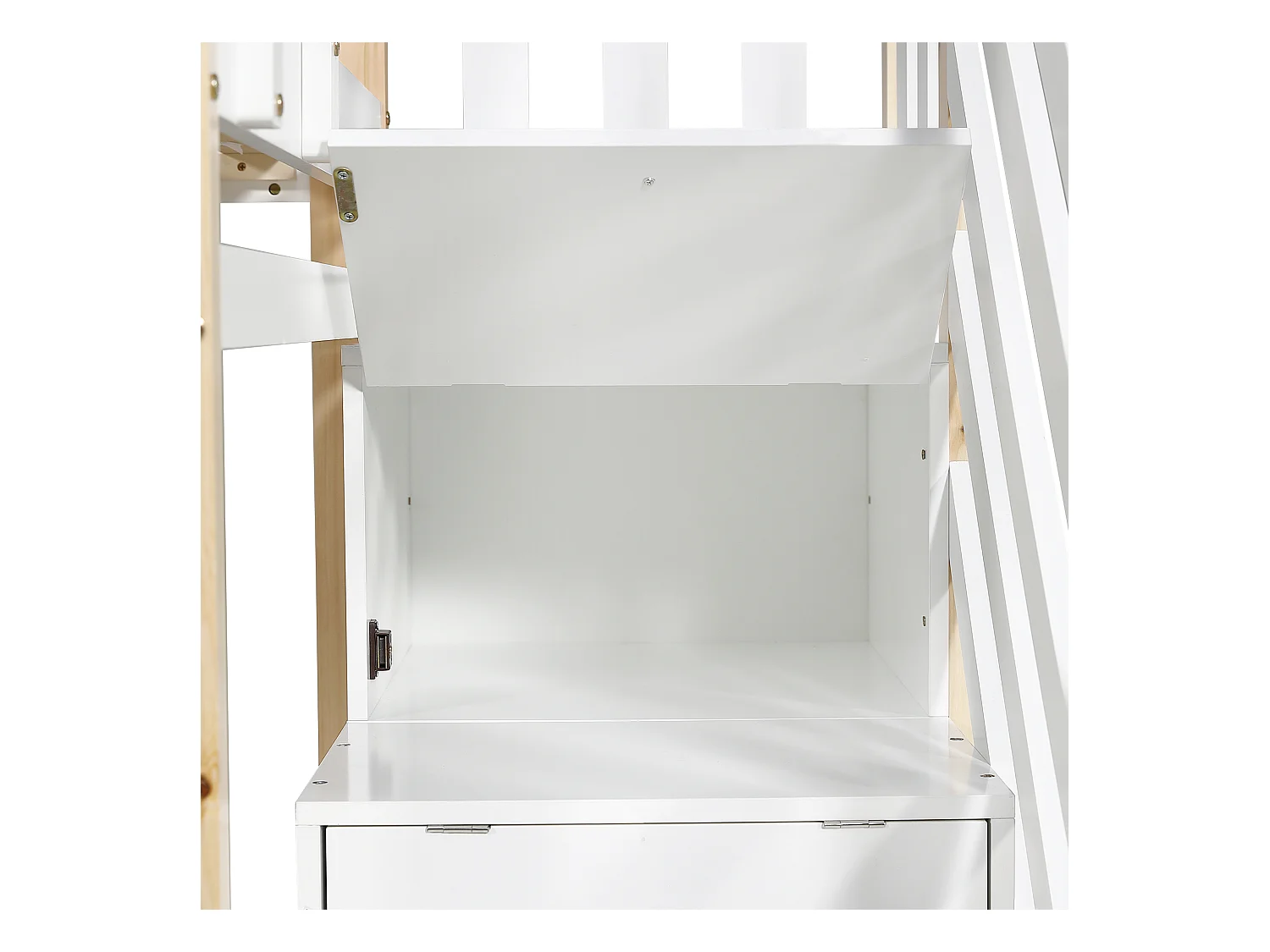 Stapelbed 90x200cm + uitschuifbed 90x190cm - kinderhutbed met opbergtrap - massief hout - Wit