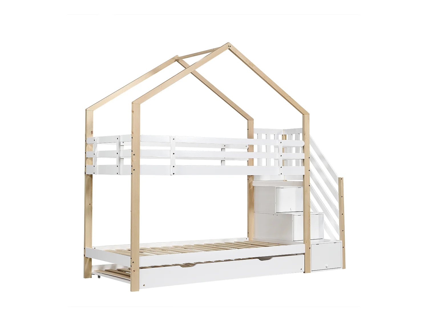 Stapelbed 90x200cm + uitschuifbed 90x190cm - kinderhutbed met opbergtrap - massief hout - Wit