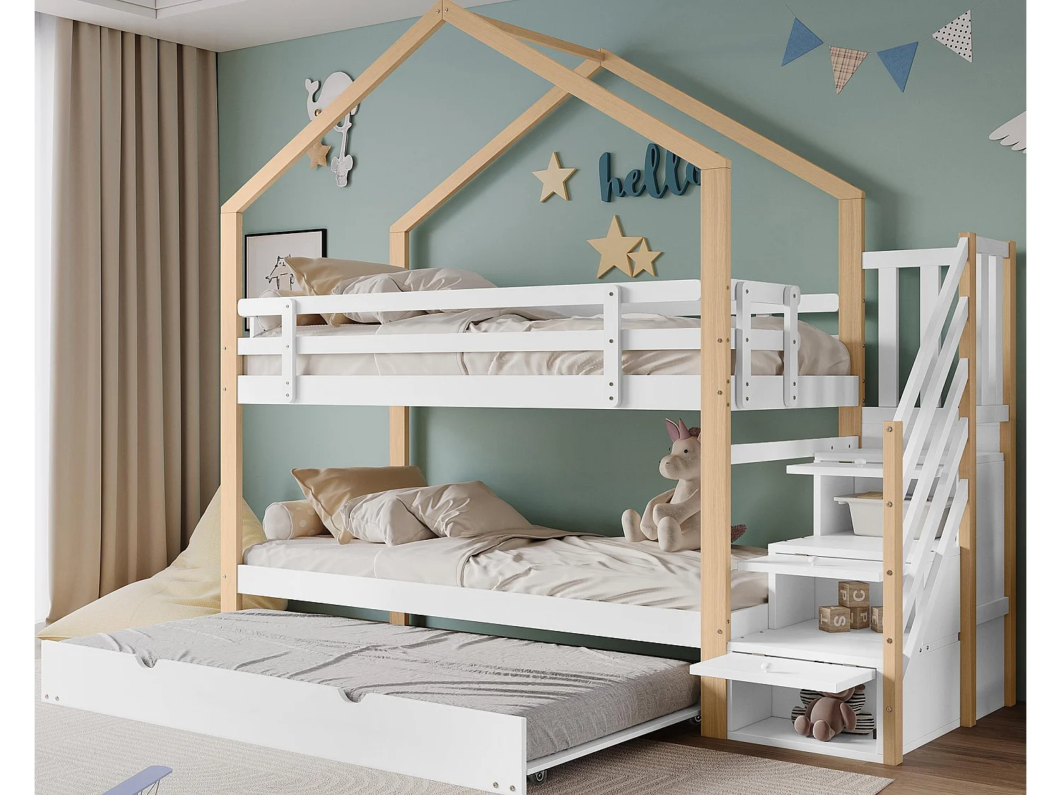 Lit superposé 90x200cm + lit gigogne 90x190cm - lit cabane enfant avec escalier de rangement - en bois massif - Blanc