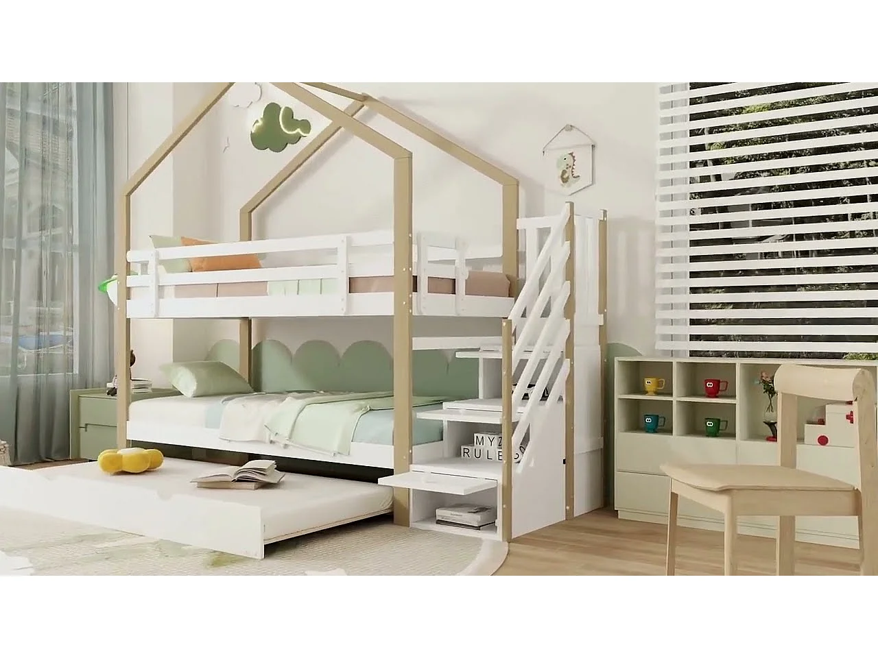 Lit superposé 90x200cm + lit gigogne 90x190cm - lit cabane enfant avec escalier de rangement - en bois massif - Blanc