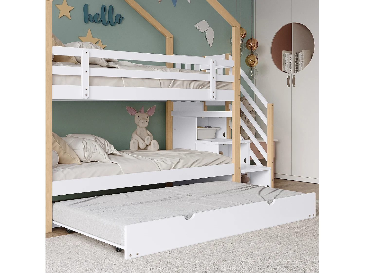 Lit superposé 90x200cm + lit gigogne 90x190cm - lit cabane enfant avec escalier de rangement - en bois massif - Blanc