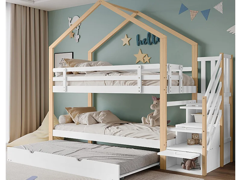 Letto a castello 90x200cm + letto estraibile 90x190cm - letto a soppalco per bambini con scale contenitore - legno massello - Bianco