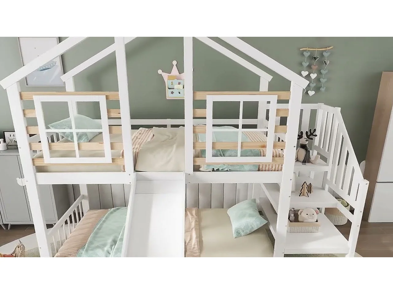 Lit superposé 90x200cm en pin massif - avec escalier et toboggan - Blanc