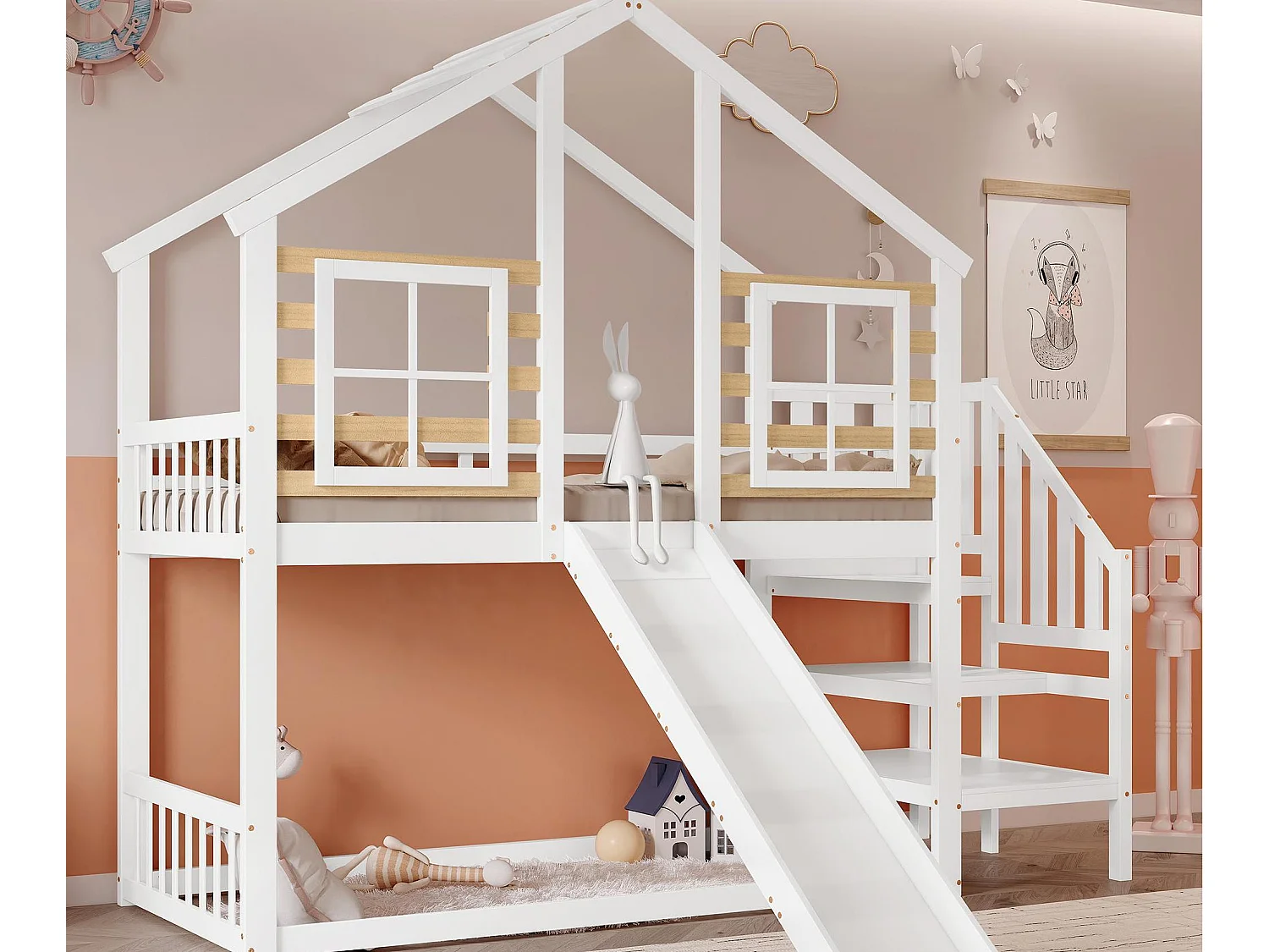 Etagenbett 90x200cm aus massivem Kiefernholz – mit Treppe und Rutsche – Weiß