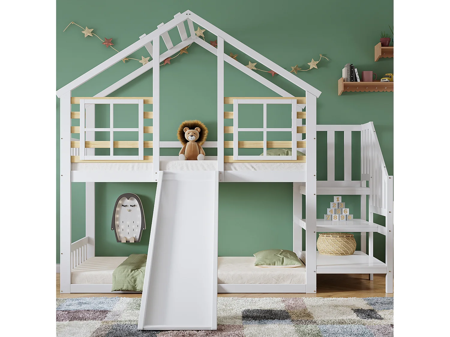 Etagenbett 90x200cm aus massivem Kiefernholz – mit Treppe und Rutsche – Weiß