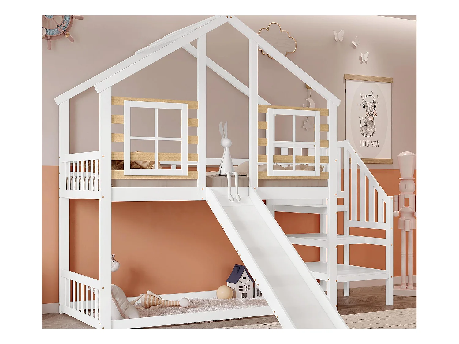 Lit superposé 90x200cm en pin massif - avec escalier et toboggan - Blanc