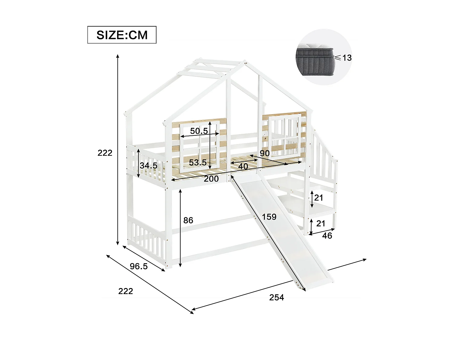 Stapelbed 90x200cm in massief grenen - met trap en glijbaan - Wit