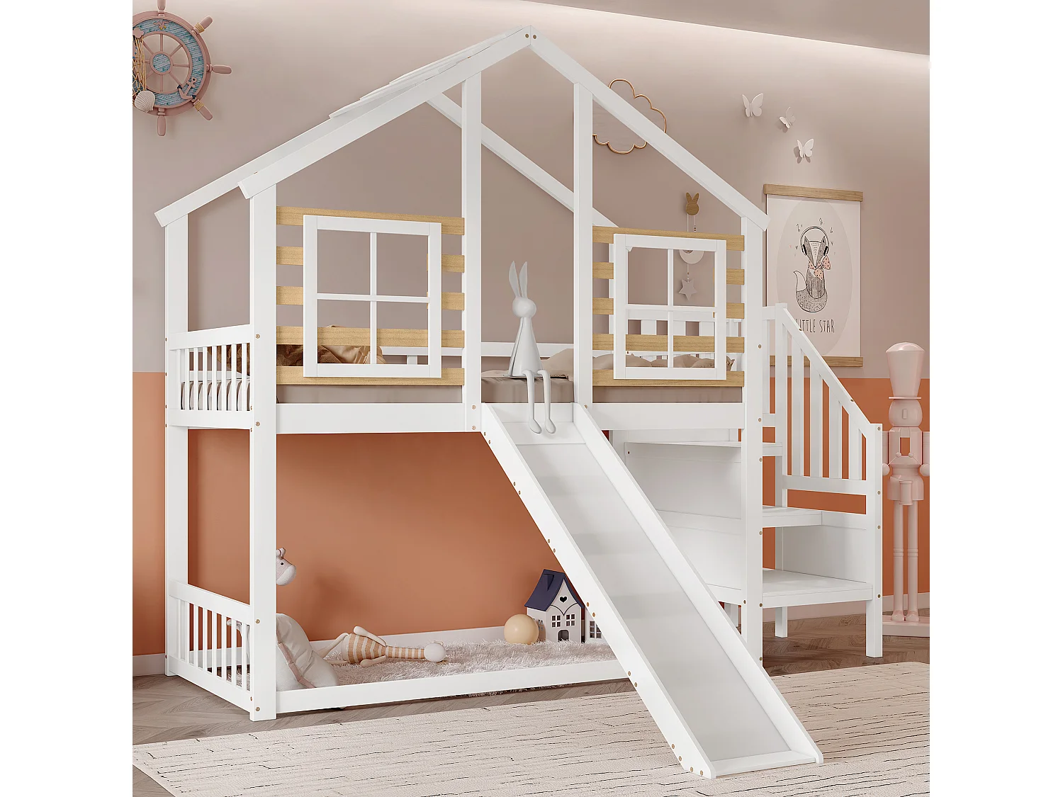 Lit superposé 90x200cm en pin massif - avec escalier et toboggan - Blanc