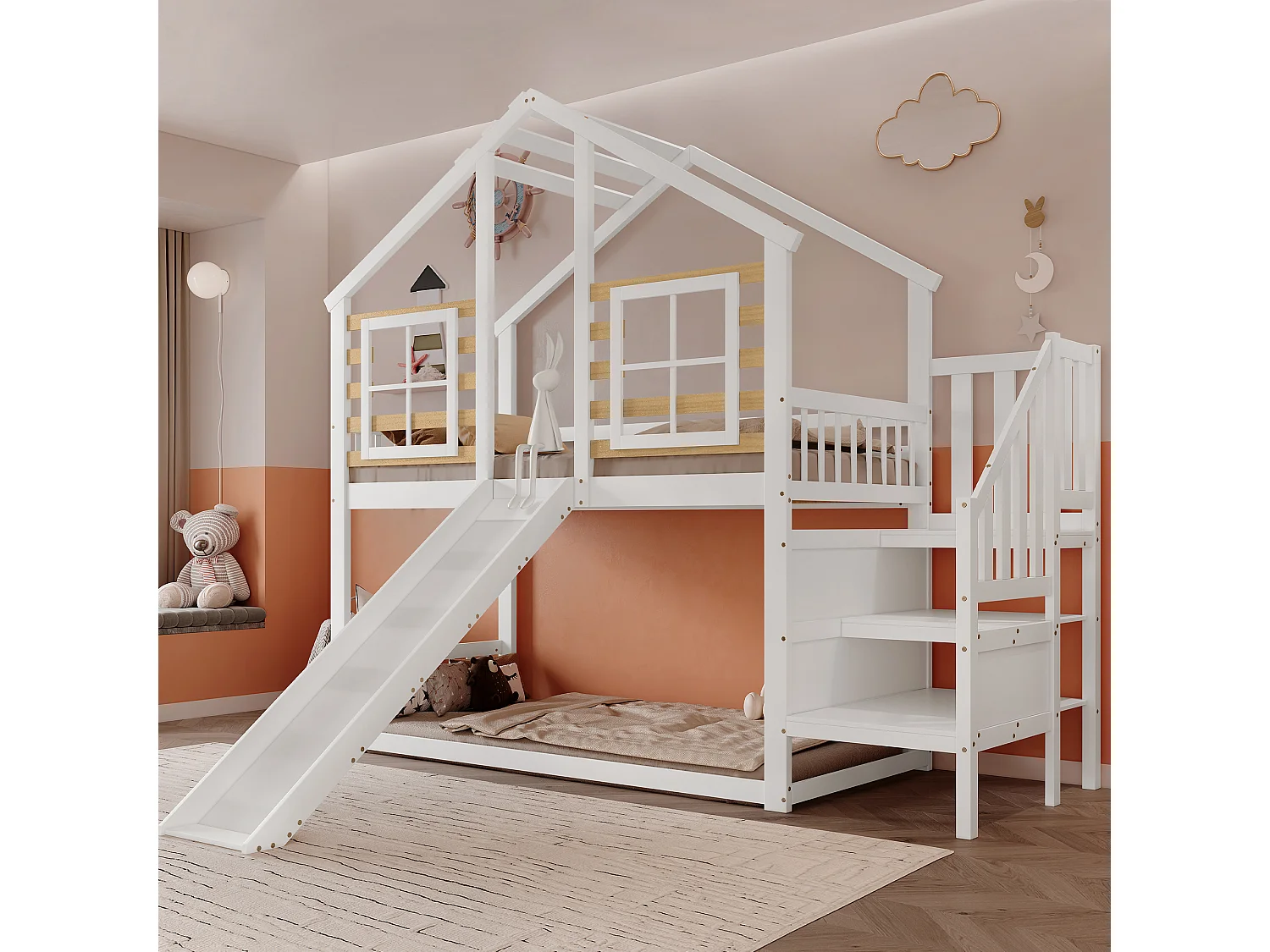 Lit superposé 90x200cm en pin massif - avec escalier et toboggan - Blanc