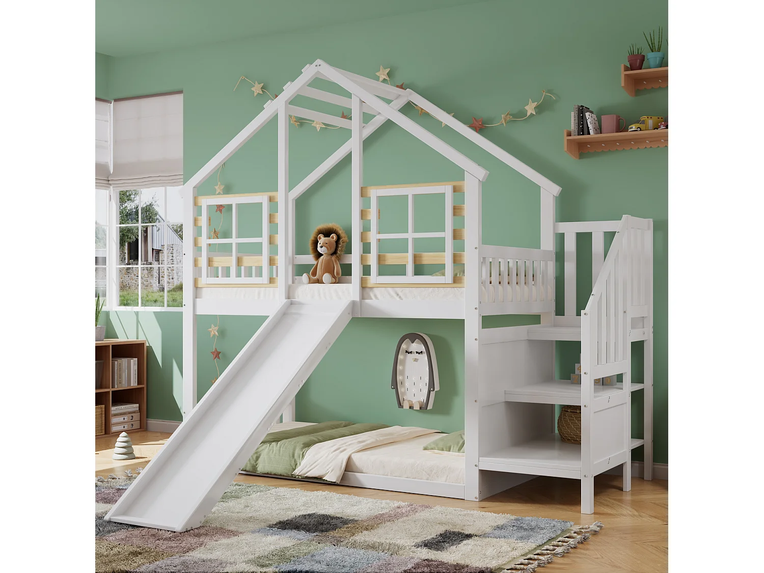 Lit superposé 90x200cm en pin massif - avec escalier et toboggan - Blanc