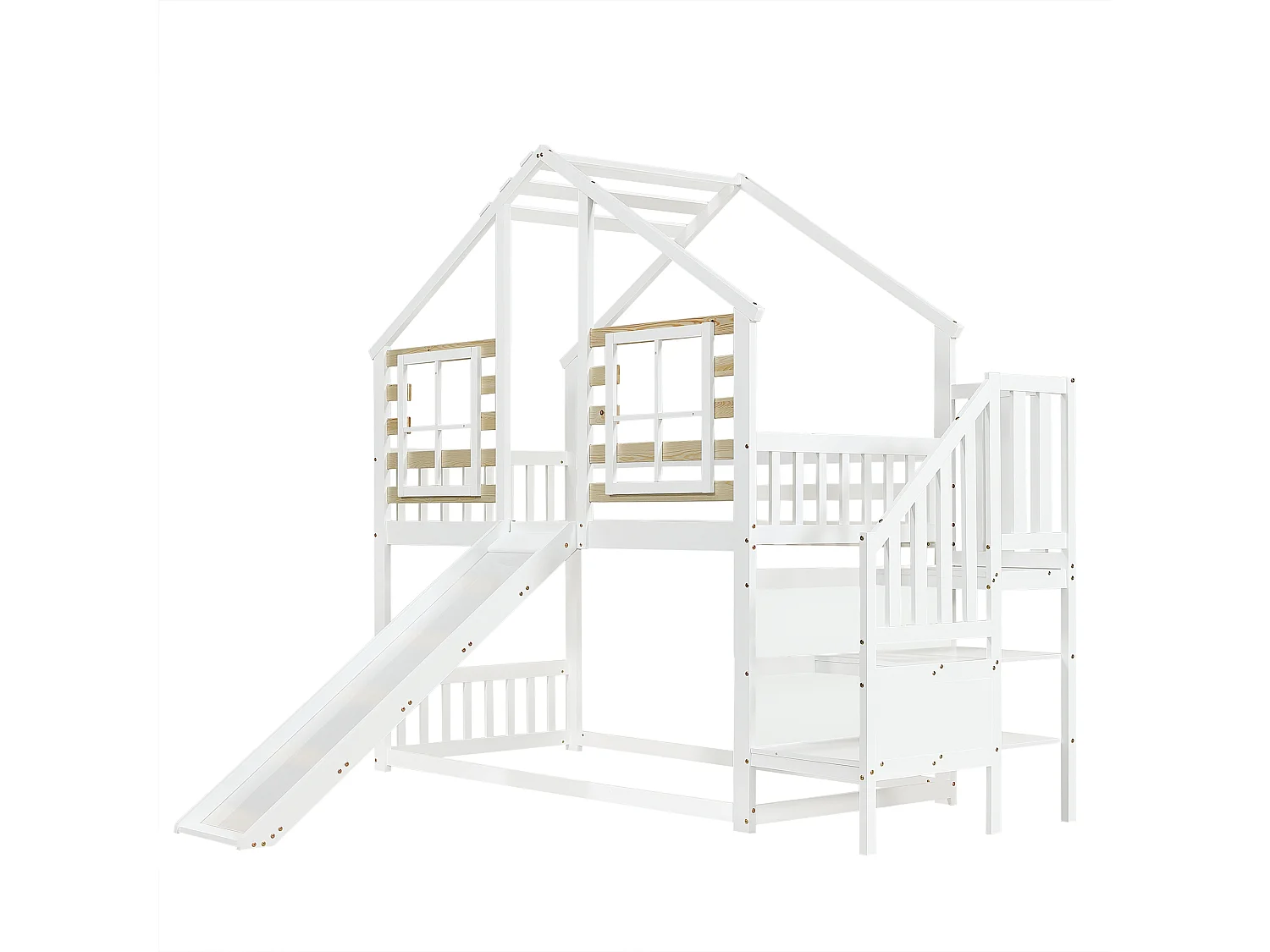 Lit superposé 90x200cm en pin massif - avec escalier et toboggan - Blanc
