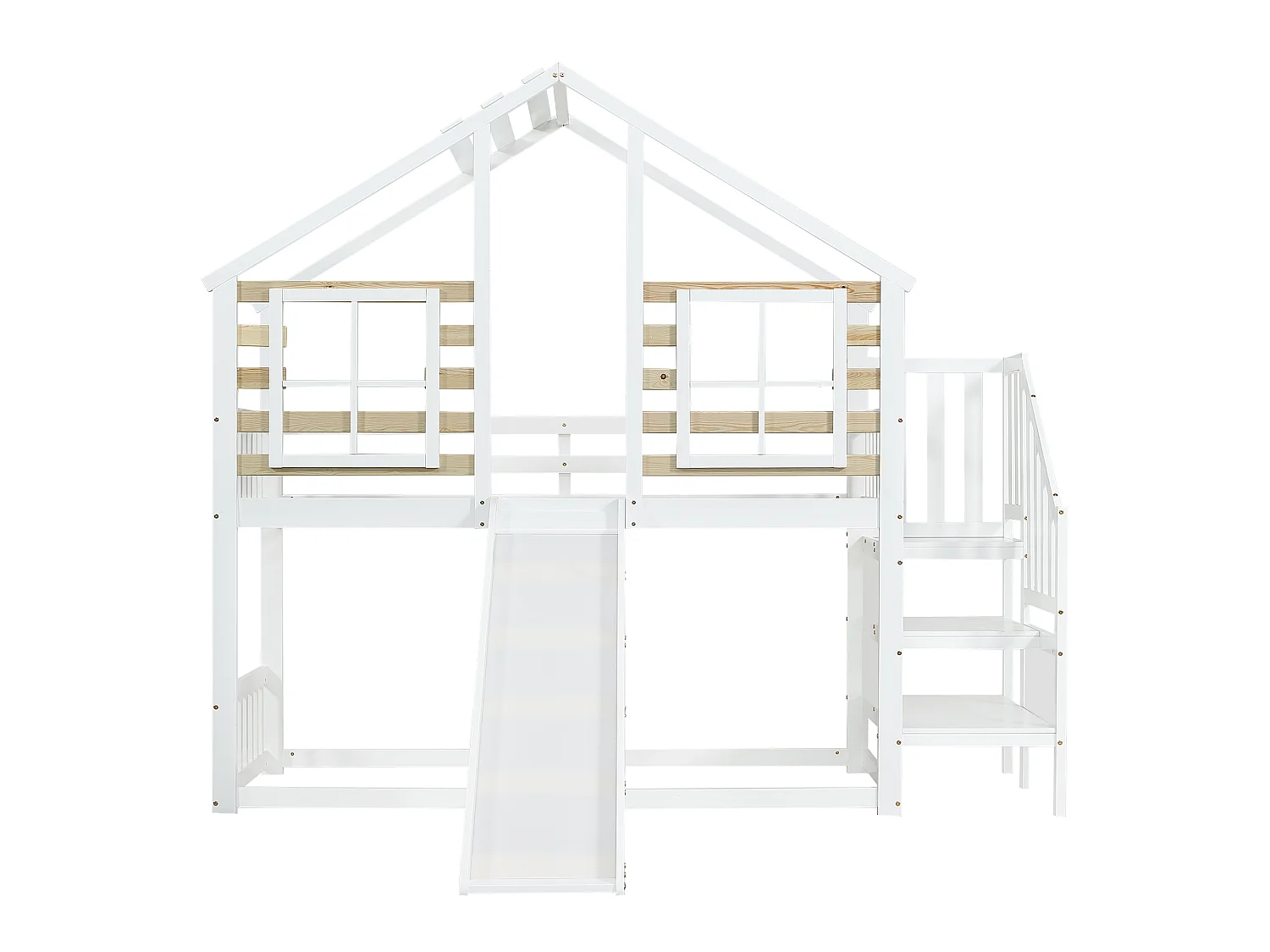 Lit superposé 90x200cm en pin massif - avec escalier et toboggan - Blanc