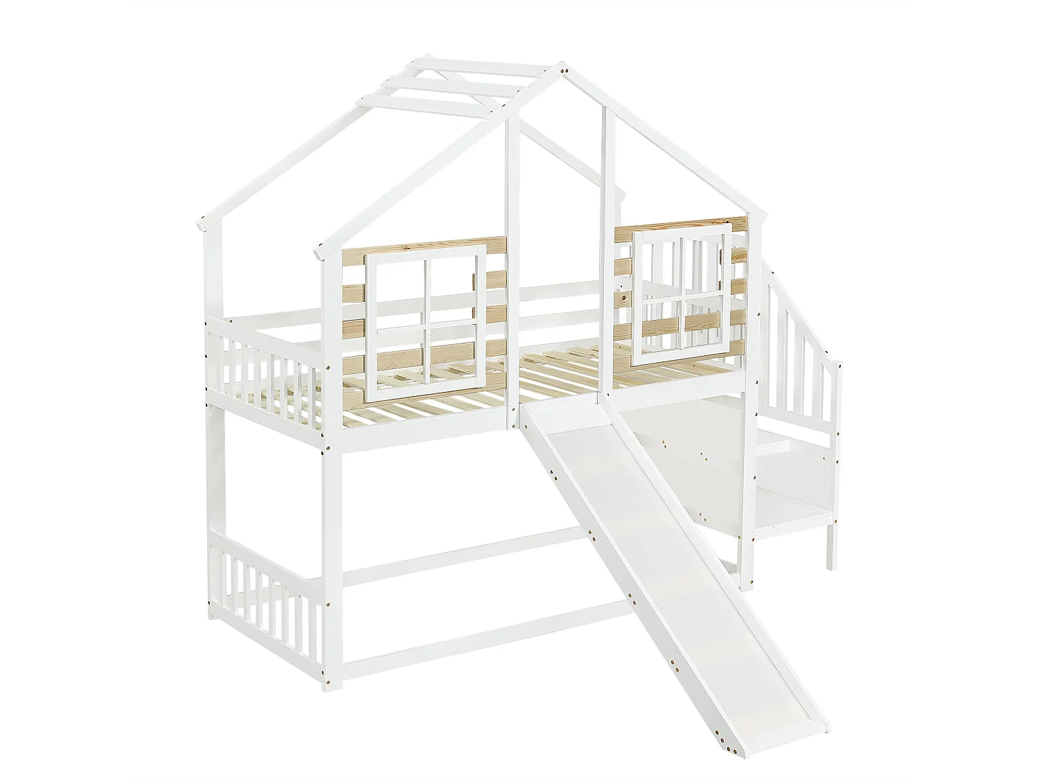 Lit superposé 90x200cm en pin massif - avec escalier et toboggan - Blanc