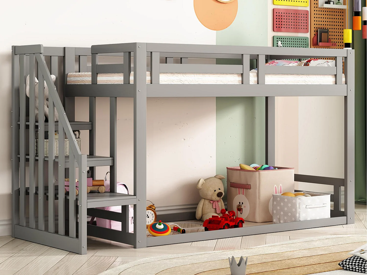 Lit mezzanine pour enfant 90x200cm - avec escalier et sommiers à lattes - gris