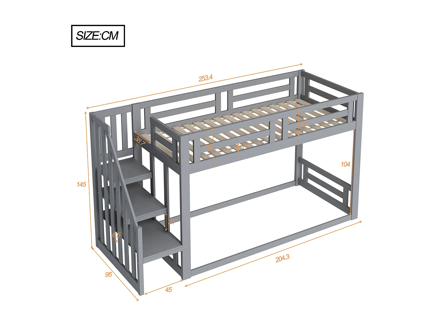 Lit mezzanine pour enfant 90x200cm - avec escalier et sommiers à lattes - gris