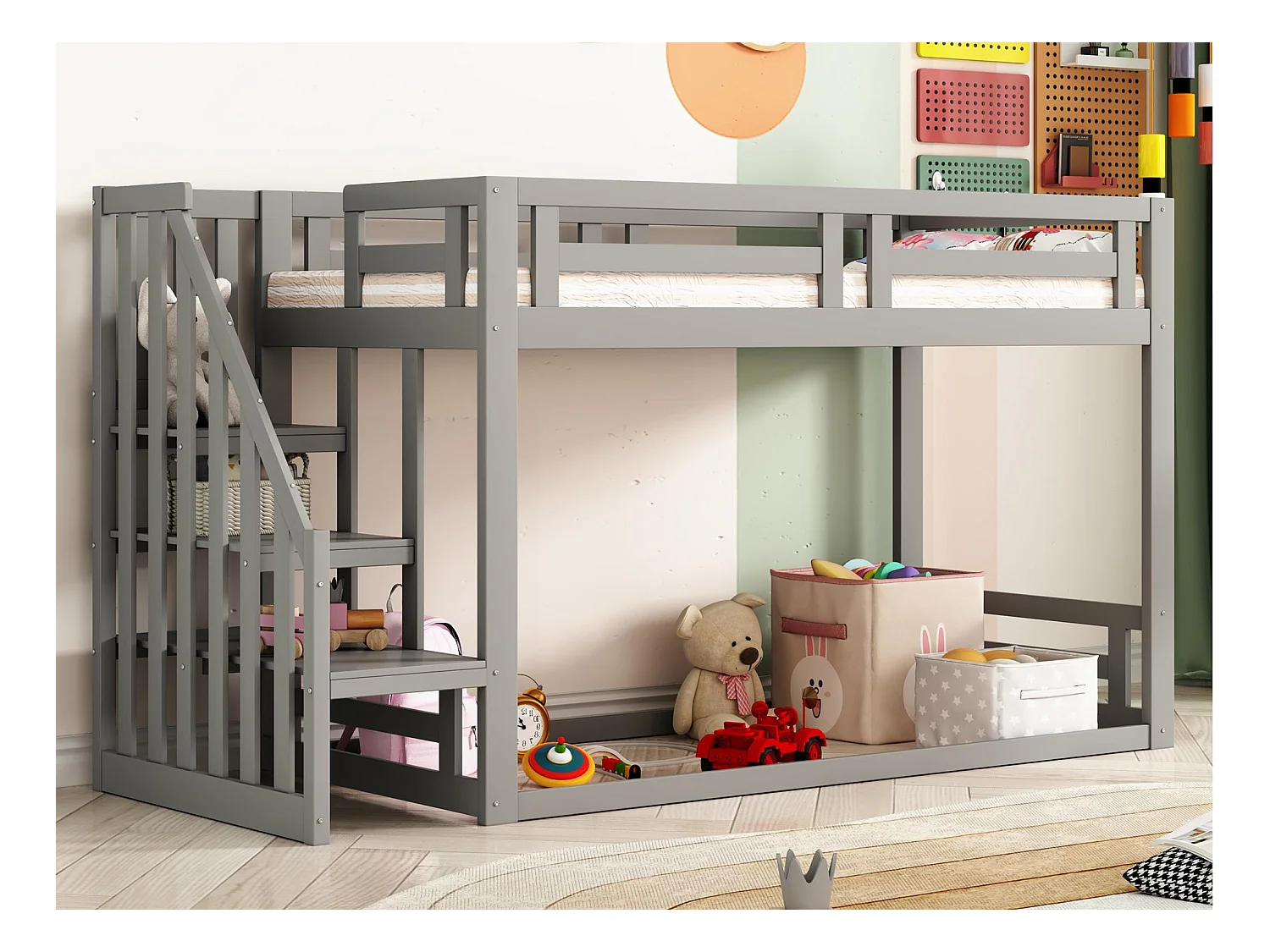 Lit mezzanine pour enfant 90x200cm - avec escalier et sommiers à lattes - gris