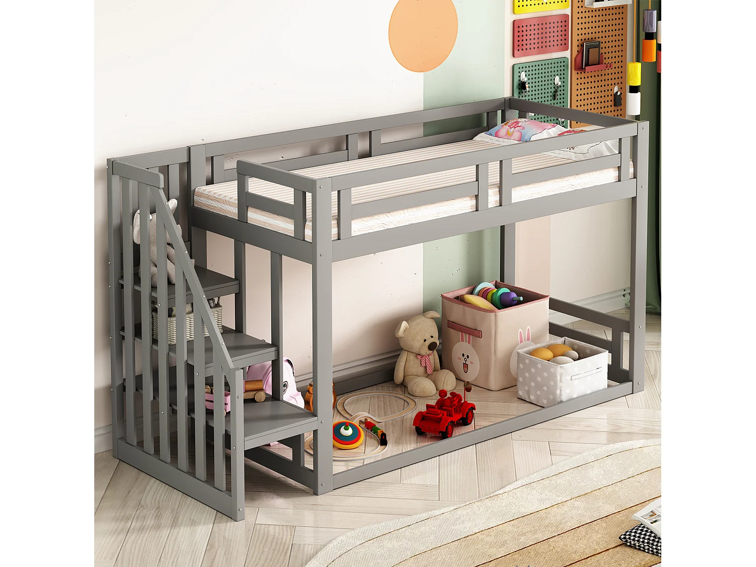 Letto soppalcato per bambini 90×200 cm - con scala e rete a doghe - grigio