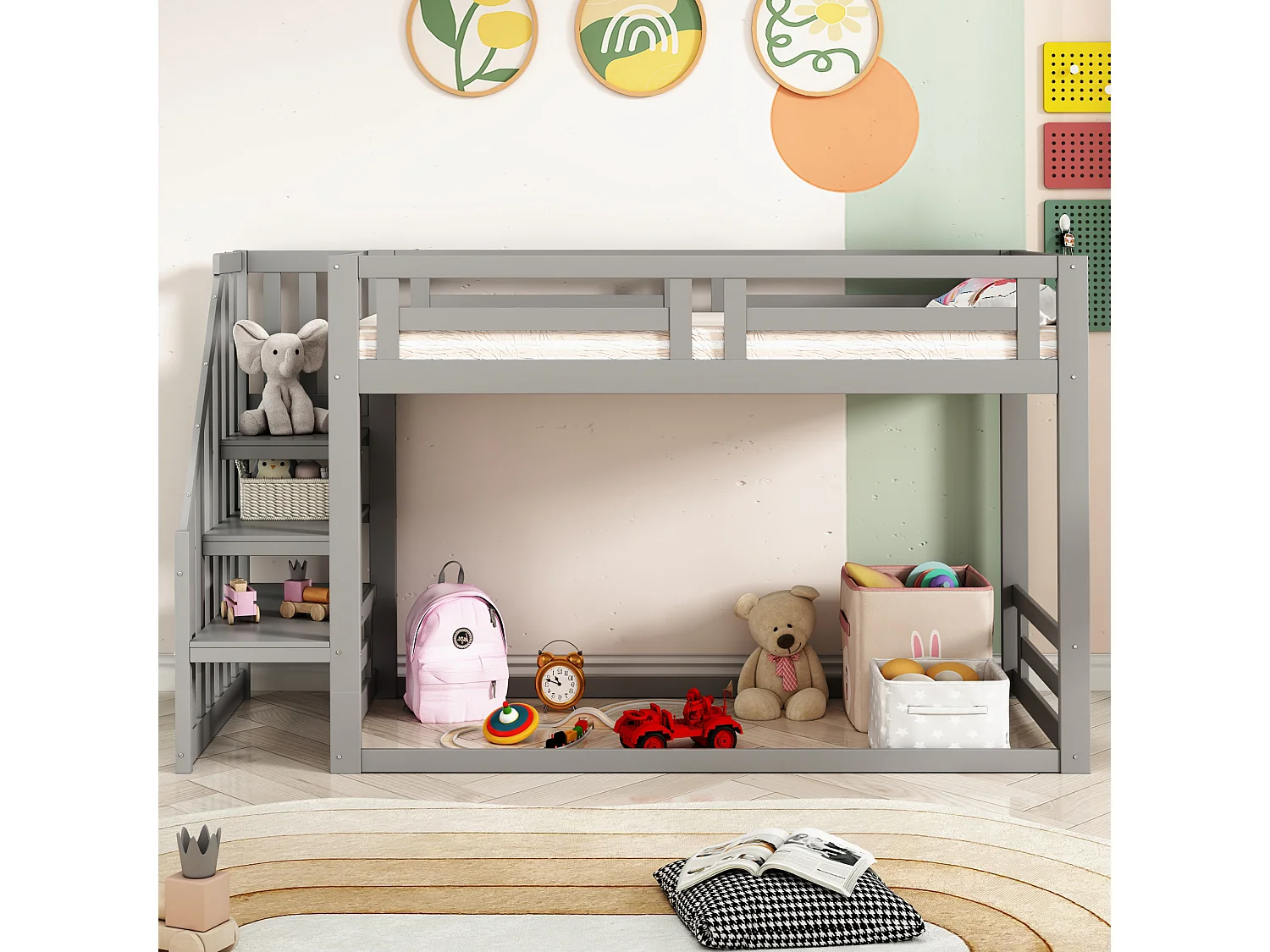 Letto soppalcato per bambini 90×200 cm - con scala e rete a doghe - grigio