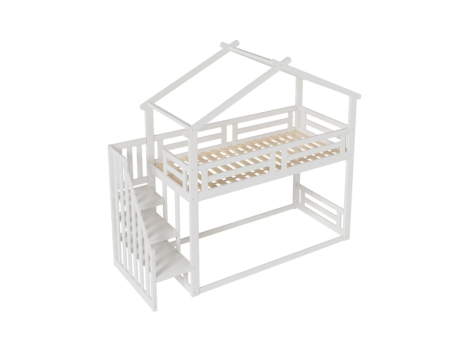 Lit superposé cabane en pin massif avec escalier et sommier à lattes - 90x200cm - Blanc