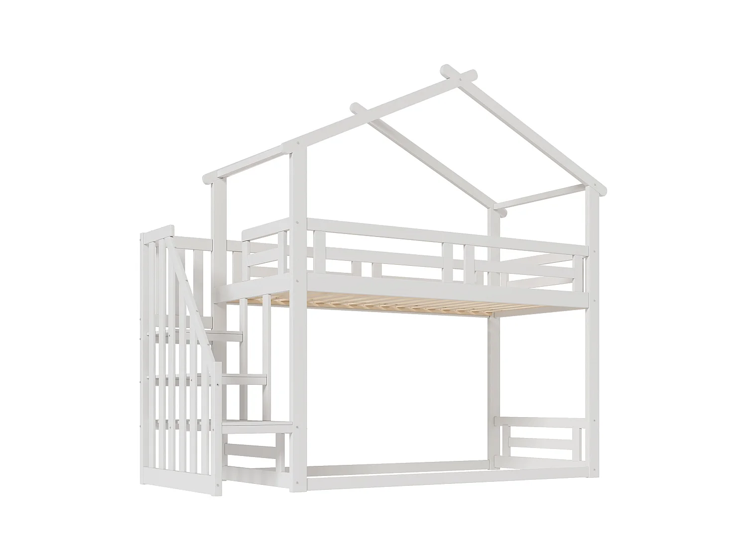 Lit superposé cabane en pin massif avec escalier et sommier à lattes - 90x200cm - Blanc