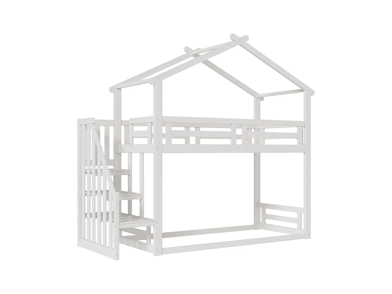 Lit superposé cabane en pin massif avec escalier et sommier à lattes - 90x200cm - Blanc