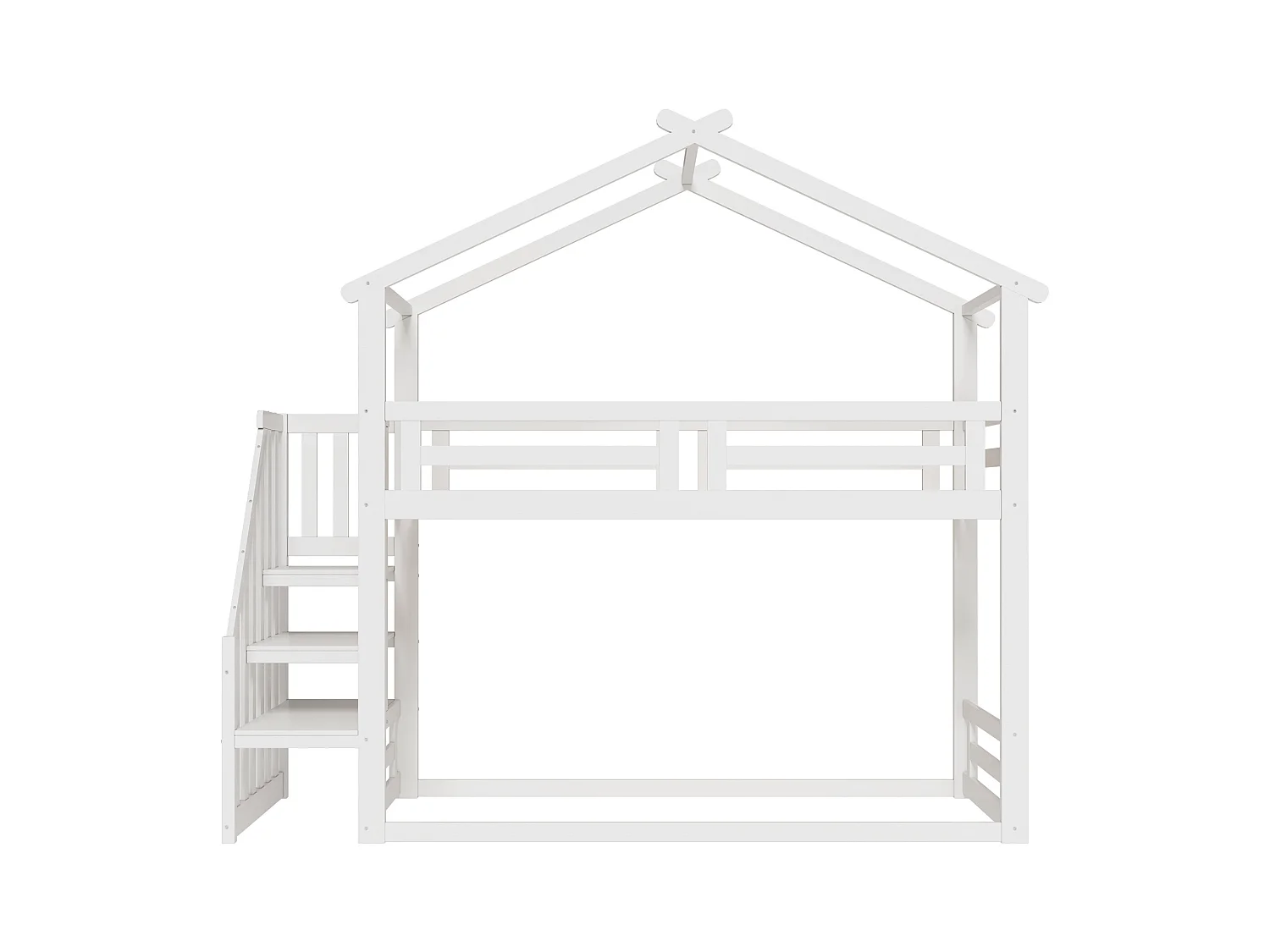 Lit superposé cabane en pin massif avec escalier et sommier à lattes - 90x200cm - Blanc
