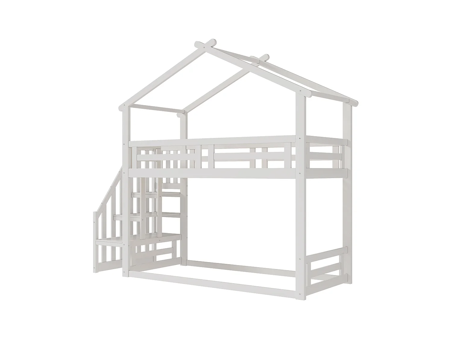 Lit superposé cabane en pin massif avec escalier et sommier à lattes - 90x200cm - Blanc