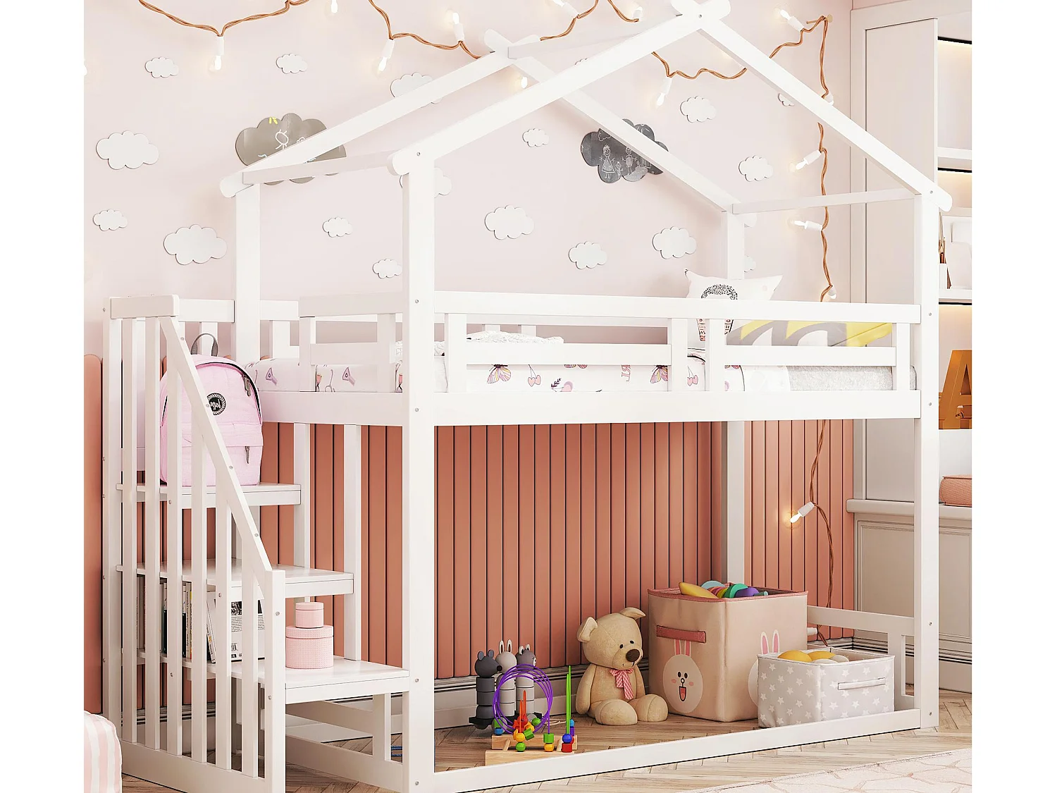 Etagenbett aus massivem Kiefernholz mit Treppe und Lattenrost – 90 x 200 cm – Weiß