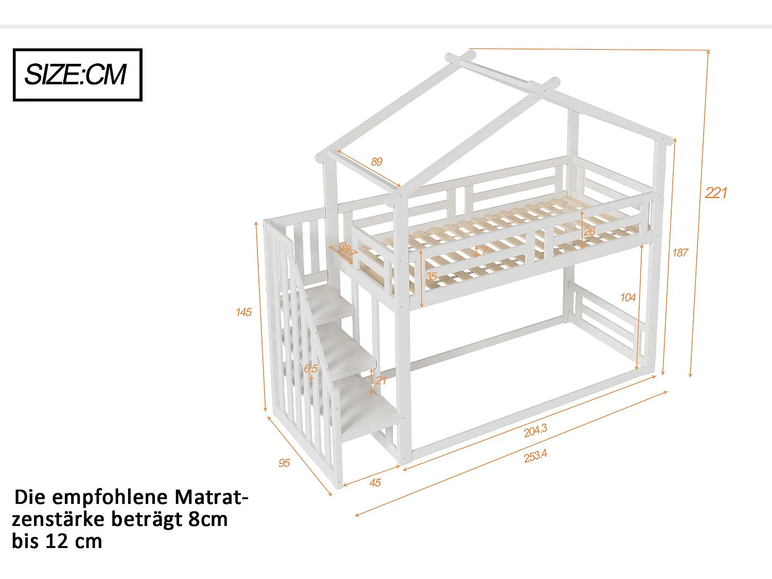Etagenbett aus massivem Kiefernholz mit Treppe und Lattenrost – 90 x 200 cm – Weiß