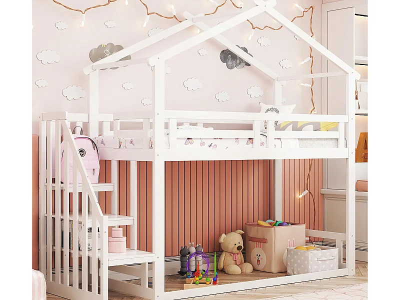 Lit superposé cabane en pin massif avec escalier et sommier à lattes - 90x200cm - Blanc