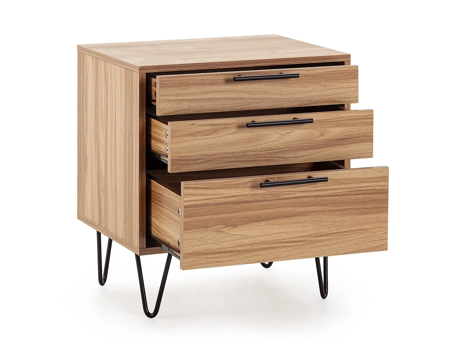 Table de chevet Alma 3 tiroirs couleur bois, pieds métal