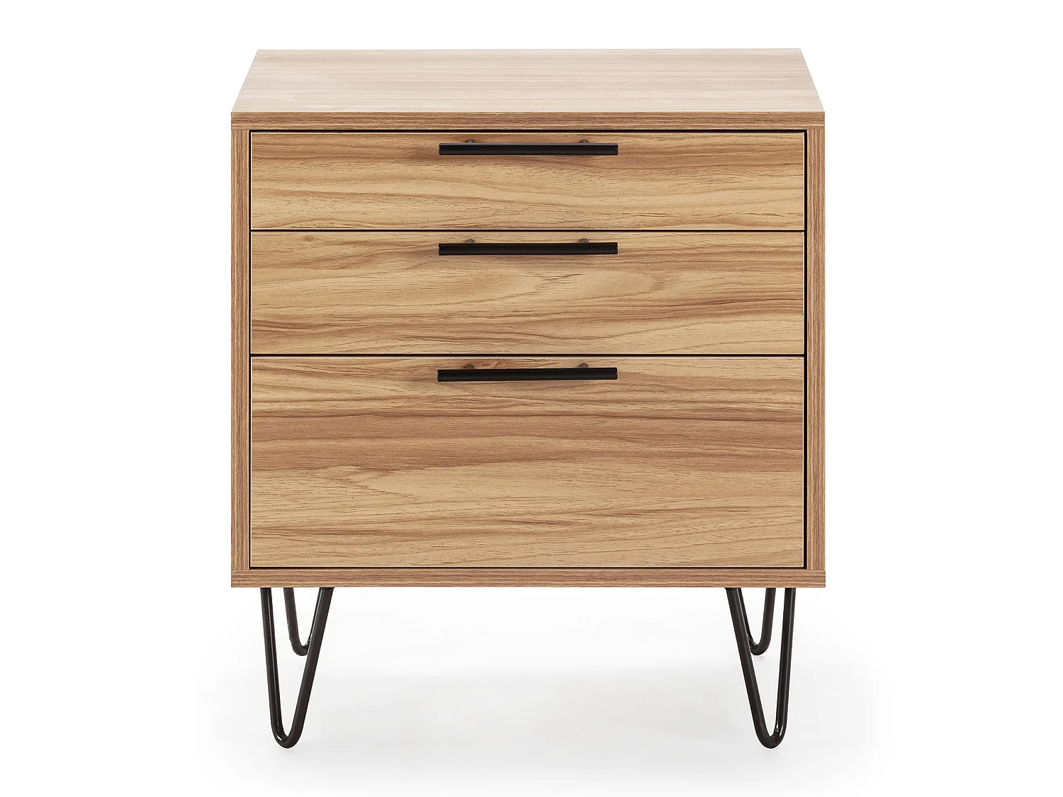 Table de chevet Alma 3 tiroirs couleur bois, pieds métal