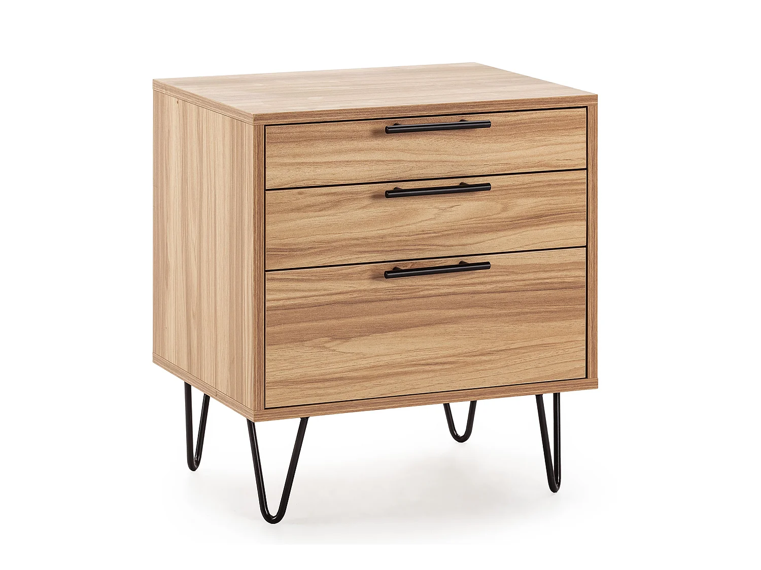 Table de chevet Alma 3 tiroirs couleur bois, pieds métal