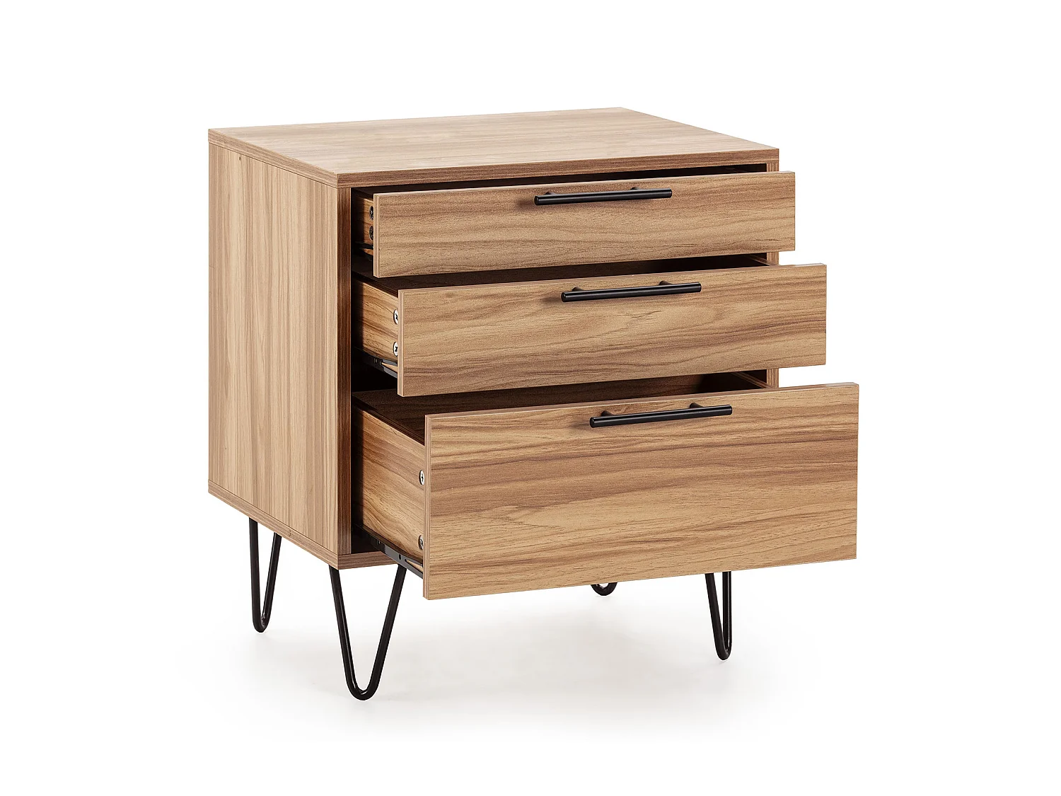 Nachtkastje Alma 3 laden houtkleur, metalen poten