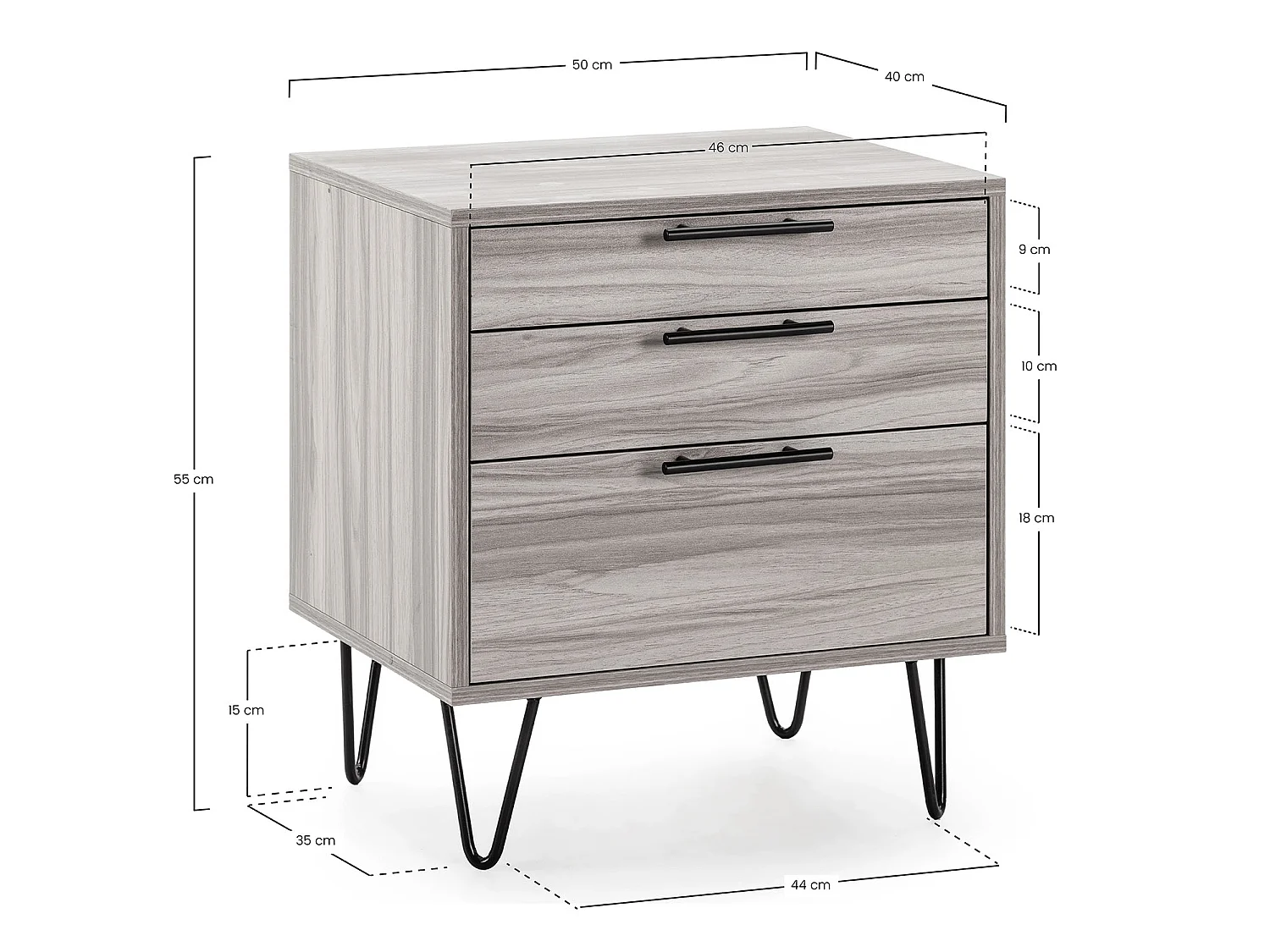 Nachtkastje Alma 3 laden houtkleur, metalen poten